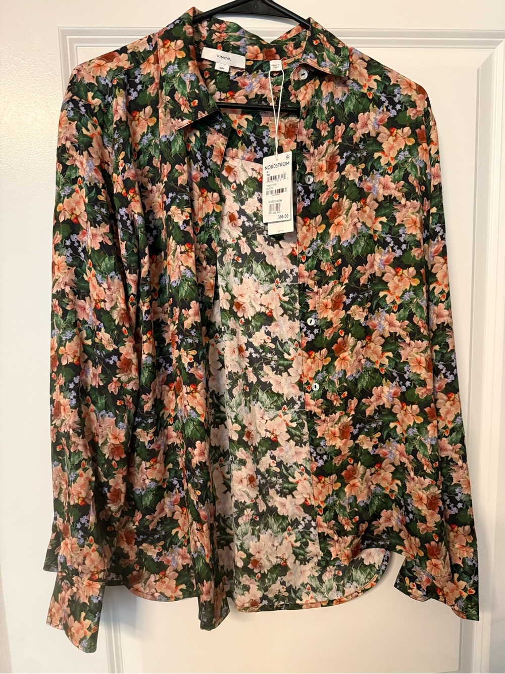 Vince Floral Button-Down Shirt — Green with Pink Blossoms